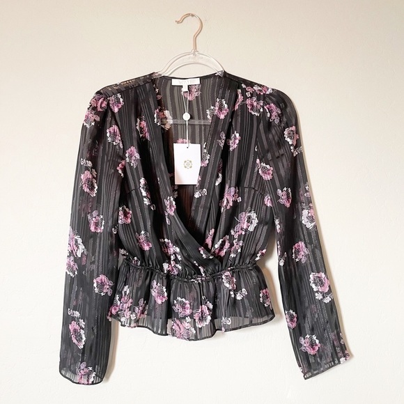 WAYF Women's Virginia Floral Peplum Blouse Sheer Metallic Black Pink XS NWT - Picture 2 of 6